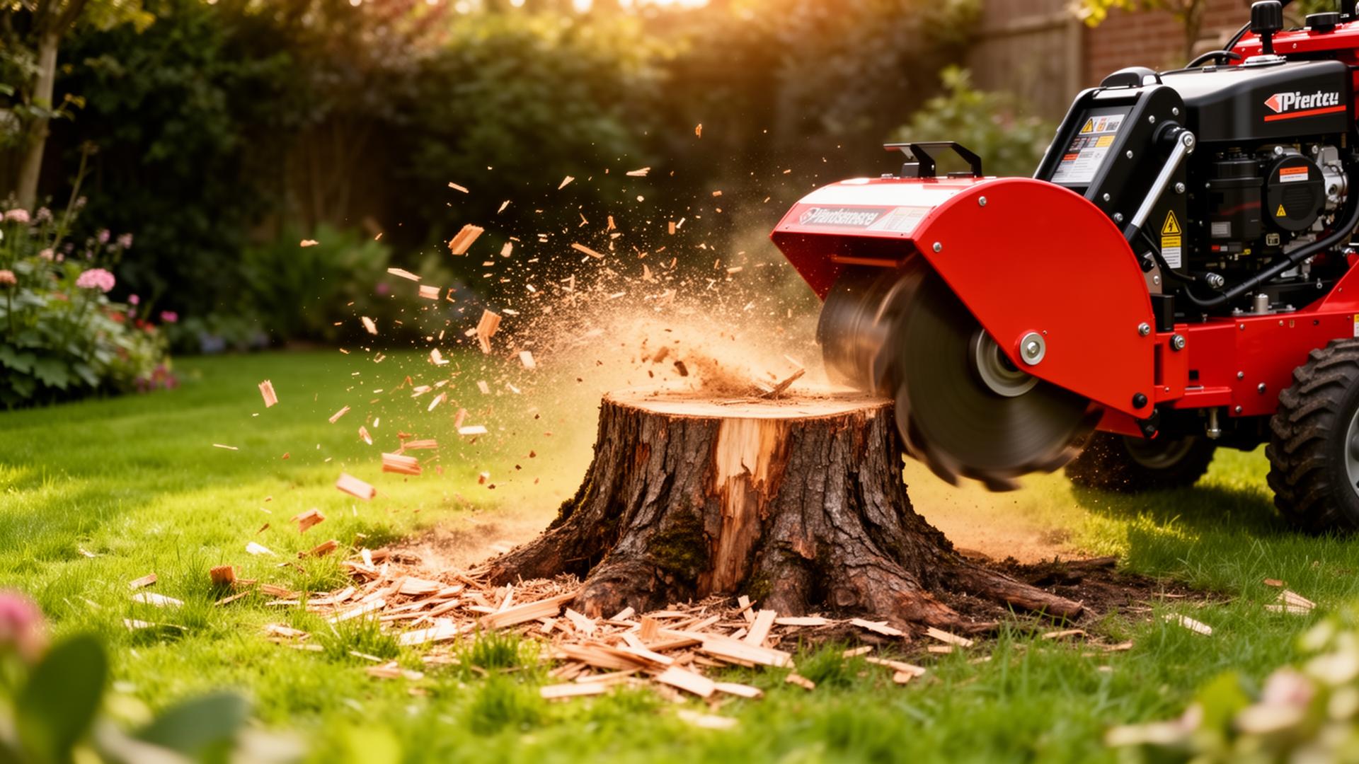 Stump grinder hire machine in action